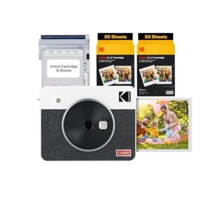 Image of KODAK Mini Shot 3 Retro 4PASS 2 in 1 Instant Camera and Portable Photo Printer (7.6 x 7.6 cm) plus Package with 70 Sheets, White