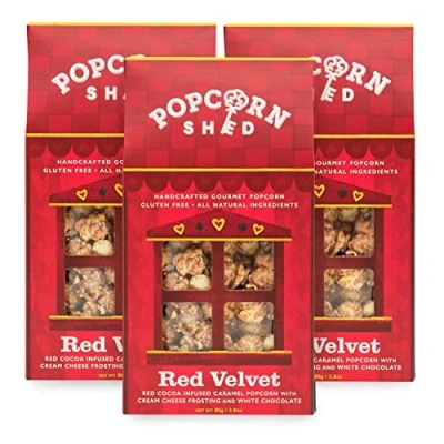 Image of Popcorn Shed 3 x Red Velvet Gourmet Popcorn, Gift Box, Cake Flavour with White Chocolate, Gluten Free, Natural, Vegetarian Movie Night Snack, 80 g
