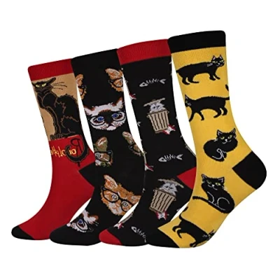 Image of Cansok Men&#039;s Animal Cat Socks Funky Novelty Dress Crew (Black 4 pairs)