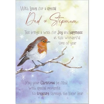 Image of doodlecards Dad and Stepmum Christmas Card Watercolour Robin In The Frost Medium Size with Plain Envelope