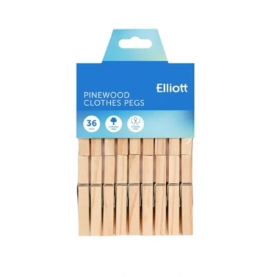 Image of Elliott Traditional Pinewood Clothes Pegs with Contoured Design to Prevent Marking and Metal Coil Spring For Firm Grip, This Pack Include 36 Ideal Outdoor Indoor Use