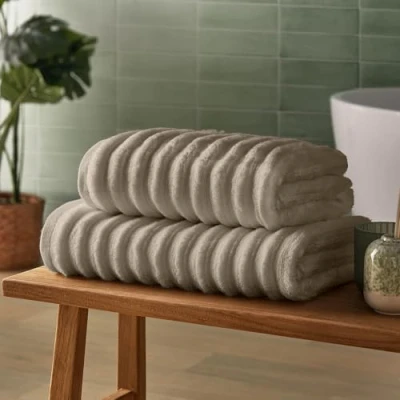 Image of Silentnight Ribbed Cotton 2x Hand Towel Luxuriously Soft &amp; Super Absorbent Deep Thick Pile 100% BCI Textured Dense 90 x 50cm, Machine Washable, Natural, 2 Pack