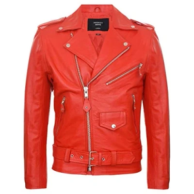 Image of TruClothing Mens Cow Hide Original Cross Zip Brando Biker Motorcycle Real Leather Jacket Red