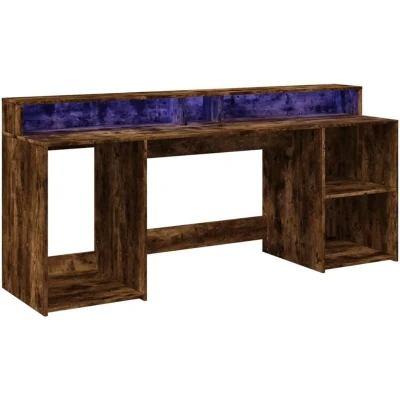 Image of vidaXL Desk with LED Lights Smoked Oak Writing and Working Table Engineered Wood 200 x 55 91 cm RGB Customisable Ambient Lighting Ample Storage Compartments