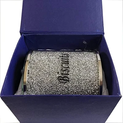 Image of Biznest Crushed Diamond Silver Biscuit Cookies Canister Jar Tin Kitchen Storage Containers Trimmings Crystal Filled Gift