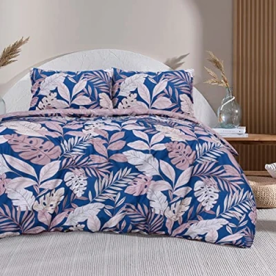 Image of Sleepdown Tropical Palm Tree Floral Blush Pink Navy Reversible Soft Easy Care Duvet Cover Quilt Bedding Set with Pillowcases SuperKing (260cm x 220cm)