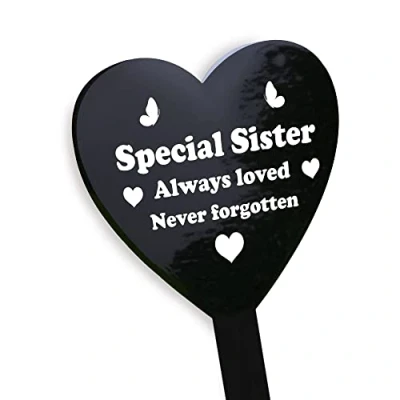 Image of RED OCEAN Special Sister Graveside Memorial Marker Black Acrylic Grave Heart Plaque Remembrance Plaques Bereavement Gifts For Big Sister, Little