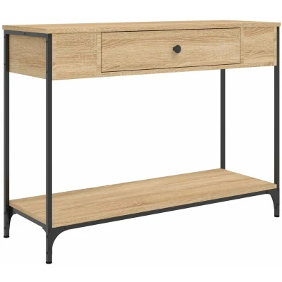 Image of vidaXL Console Table in Sonoma Oak Engineered Wood With Metal Frame, Rectangular Modern Design for Living Room, Drawers and Shelf Storage