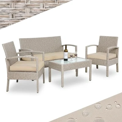 Image of CASARIA® 7pc Weatherproof Polyrattan Garden Furniture Set Suitable for up to 4 People Outdoor Patio Seating Group with 2 Armchairs, Bench, 3 Cushions, &amp; Frosted Glass Top Table Cream