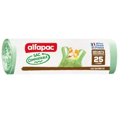 Image of Alfapac 10 x 25L Bags with Handles Biodegradable Bin Liners 100% Pack of 2 Green 56 50 cm