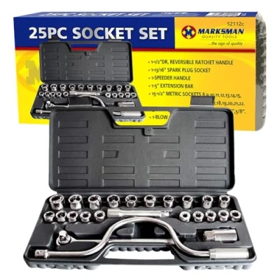 Image of New 25PC 1/2&quot; Drive Metric Socket Extension BAR Set Garage CAR Work Tool KIT in CASE Bars, Flexible RODS, SOCKETS, BITS, Quick Release Reversible Ratchet