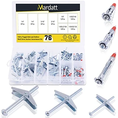 Image of Mardatt 76Pcs 1/8&#039;&#039; 3/16&#039;&#039; 1/4&#039;&#039; Toggle Bolt and Molly Hollow Wall Anchor Assortment Kit, Zinc Plated Steel Thin Wing Assorted Sizes for Drywall