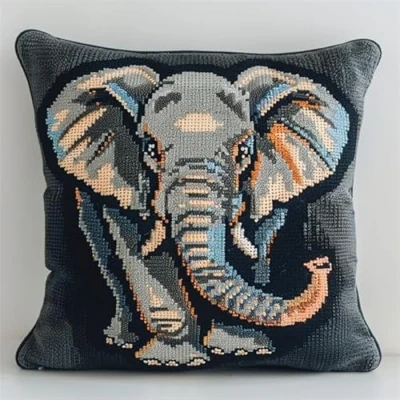 Image of kitphoenix Latch Hook Cushion Kits Elephant for Adults Needlework Pillow Cover 43cmX43cm DIY Hooks Knitted Embroidered Carpet Embroidery Kit