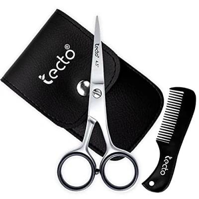 Image of Tecto 4.5&quot; Beard Moustache Scissors with Comb &amp; Pouch, Stainless Steel Eyebrow Scissors, Ear Nose Small Hair Multi Functions Facial and Grooming kit for Men Gift Set