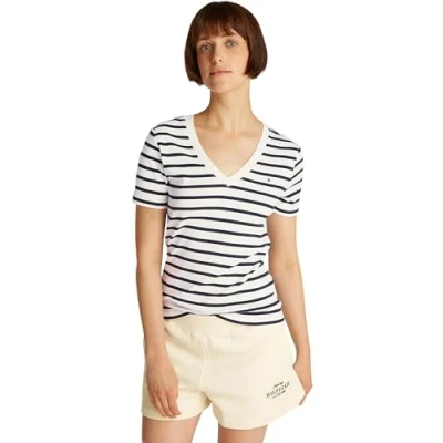 Image of Tommy Hilfiger Women&#039;s New Slim Cody V Neck Short Sleeve T Shirt, Multicolor (Breton Dark Night Navy STP), 3XL