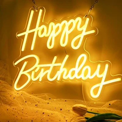 Image of Aslanka Happy Birthday Neon Sign, Signs for Bedroom Wall Decor USB Powered Light Sign Bedroom, 15.7 x 7.8 inch (Warm White)