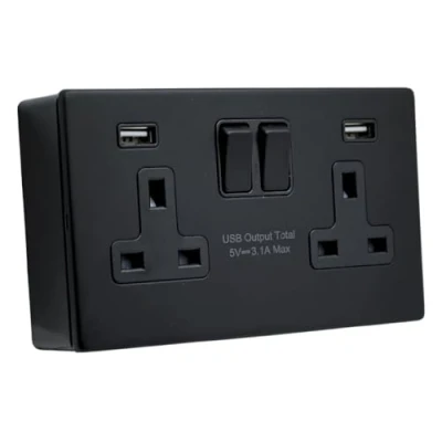Image of SHP ELECTRICAL® Screwless Matt Black Metal 2 Gang 13A Switched Socket and 25mm Surface Mount Pattress Box (2 USB (Type A) + Back Box)