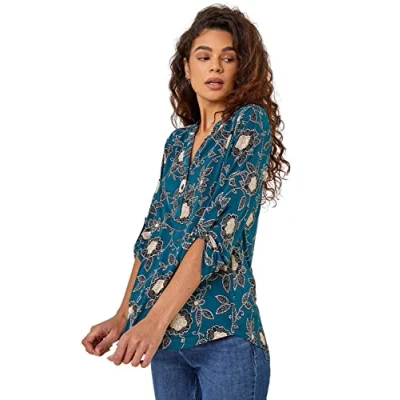 Image of Roman Womens Textured Floral Print Stretch Shirt Green Size 18 UK