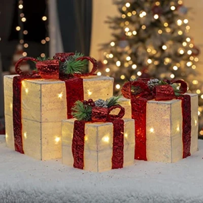Image of Christmas Workshop Set Of 3 LED Light Up Gift Box White with Red Bow