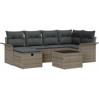Image of vidaXL 7 Piece Garden Sofa Set with Cushions Grey Poly Rattan