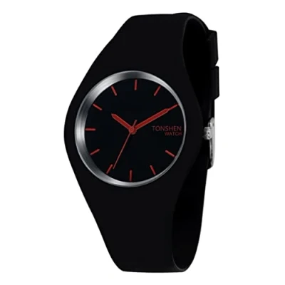 Image of TONSHEN Simple Fashion Analog Quartz Watch Rubber Band Casual Style Wrist Watches for Women Girl 12 Colours (Black Red)