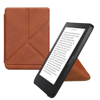 Image of kwmobile Origami Case Compatible with Kobo Clara 2E / Tolino Shine 4 Slim PU Leather Cover Stand Brown
