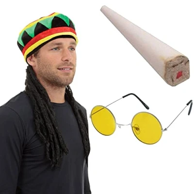 Image of Mega_JumbleSale® Rasta RAGGAE Jamaican BOB MARLEY Adults Hat Fake Spliff Yellow Glasses Caribbean Fancy Dress Set