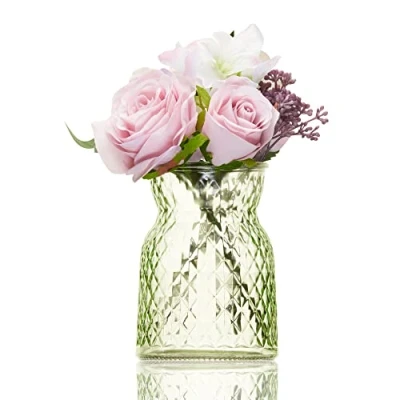 Image of Wrenbury Small Green Glass Vase for Flowers 16cm Decorative Wide Neck Olive Roses, Posy, Peony, Tulips Short Vases Table Decoration Mum