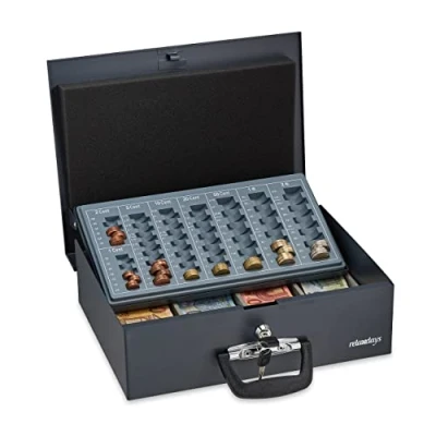 Image of Relaxdays Cash Box, Lockable, Coin Counter Tray, Steel, 2 Keys, Change &amp; Notes, 10.5 x 36 27.5 cm, Black, Grey