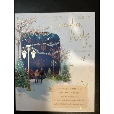 Image of Words &#039;n&#039; Wishes Special Grandson and Your Wife Christmas Card Couple Walking in the Snow Embossed with Foil Flitter Details Eco Friendly