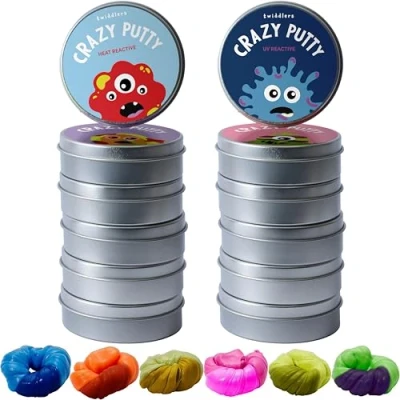 Image of THE TWIDDLERS 12 Smart Colour Changing Putty, Heat Reactive Slime in Lid Pots with 8 Mini UV Torch Premium Kids DIY Slime, Art Activity Toy Gift Set for Party Favours Bag Fillers