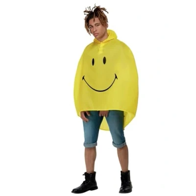 Image of Smiffys Smiley Party Poncho in Yellow &amp; Black Drawstring Bag, Official License Costume Comes Convenient Pouch, Stay Dry Stylish at Festivals.
