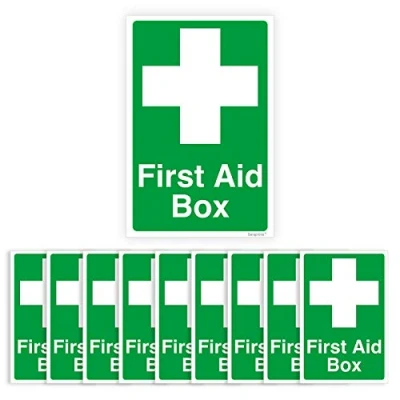 Image of Pack of 10 First Aid Box Sticker Self Adhesive Waterproof Vinyl 150mmx100mm V1128
