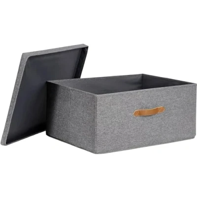 Image of LOVE IT STORE Premium Storage Box with Lid Made of Linen Fabric Reinforced Wood Extra Large and Stable Grey 54 x 40 25 cm