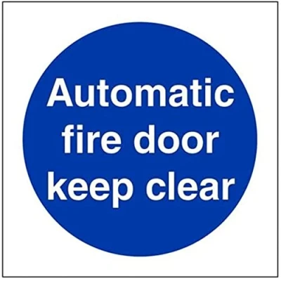 Image of V Safety 18002AE R Automatic Fire Door Keep Clear Mandatory Sign Square 80mm x 1mm Rigid Plastic, Blue