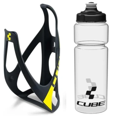 Image of Cube HPP Cage Matt Black/Yellow &amp; Icon Bottle Clear, 750ml / Water Drink Flask Vessel Bidon Holder Mount Bracket Kit Lightweight Plastic Drinking Hydration Biking Bike Riding Frame Accessories