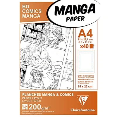 Image of Clairefontaine Ref 94045C Manga Multi Technique Paper With Simple Frame (40 Sheets) A4 (297 x 210mm) Size, 200gsm Paper, White &amp; Smooth, Ideal for Markers, Bleedproof