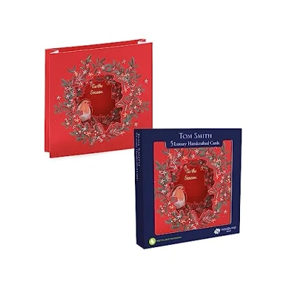 Image of Tom Smith Pack 5 Luxury Handcrafted Square Christmas Cards Robin Wreath Design
