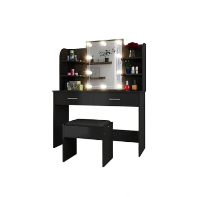 Image of Chebinsiti Dressing Table with LED Lights, Black Vanity Adjustable Brightness Mirror and Stool Makeup Set 2 Drawers 4 Shelves Cosmetic Bedroom Dresser Furniture