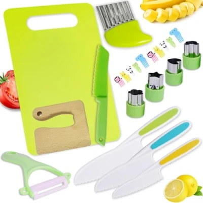 Image of LANMANUO 13 Pieces Kids Knife for Chopping Wooden Kitchen Set Toddler Plastic Children Cooking Knives with Potato Slicer, Cutting Board, Peeler
