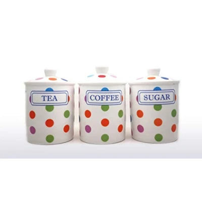 Image of MULTI SPOTS FINE CHINA TEA COFFEE SUGAR CANISTERS/JARS NAME ONLY FREE UK DELIVERY