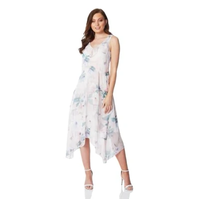 Image of Roman Originals Women Floral Chiffon Frill Dress Ladies Evening Formal Wedding Guest Special Occasion Summer Party Light Floaty Sleeveless Asymmetric Midi Pink Size 14