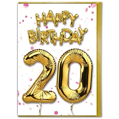 Image of Brainbox Candy 20th Birthday Card Age 20 Gold Foil Balloon White Pink For Son Daughter Family Friend Twentieth