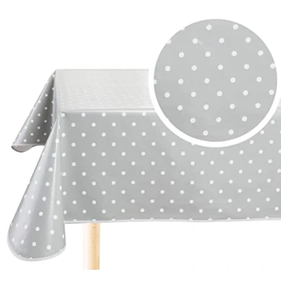 Image of Home Direct Rectangular Oilcloth PVC Wipe Clean Tablecloth Table Cover 140cm x 240cm 55x94 Polka Dot Light Grey, Silver