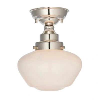 Image of Camberley Bowl Semi Flush Ceiling Light Bright Nickel Plate, Opal Glass, 1x E27