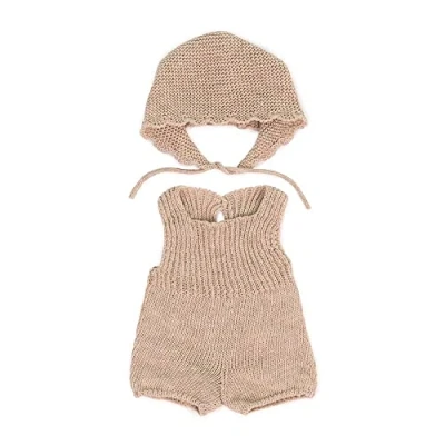 Image of MINILAND Dolls: Knitted Doll outfit 38cm Romper &amp; Bonnet, made of recycled materials, for Baby doll. Model: Bonnet in beige.