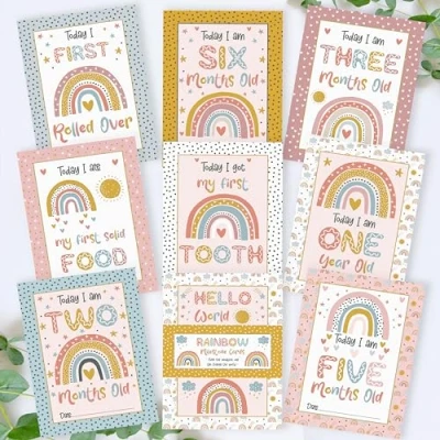 Image of Ultimate Rainbow Baby Milestone Memory Cards Unisex Set Cherished Keepsake Moments for Newborns Girl Gift Ideas