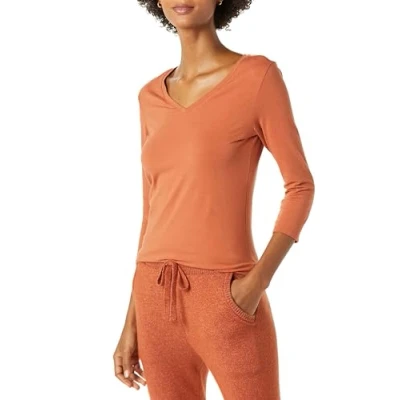 Image of Amazon Essentials Women&#039;s Classic Fit 3/4 Sleeve V Neck T Shirt (Available in Plus Size), Caramel, L