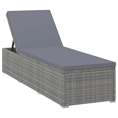 Image of vidaXL Sun Lounger with Dark Grey Cushion in Poly Rattan Adjustable Outdoor seating, Ideal for Patio or Garden