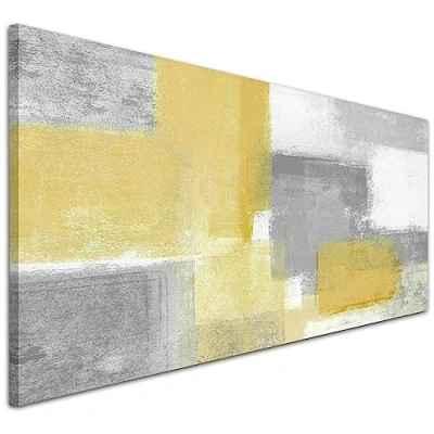 Image of Wallfillers Mustard Yellow Grey Living Room Canvas Pictures Accessories Abstract 1367 118x49cm